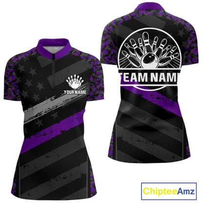 Black And Purple Digital Camo Bowling Shirt Women Men Custom USA Flag Patriot Bowling Team Shirt NYN4094