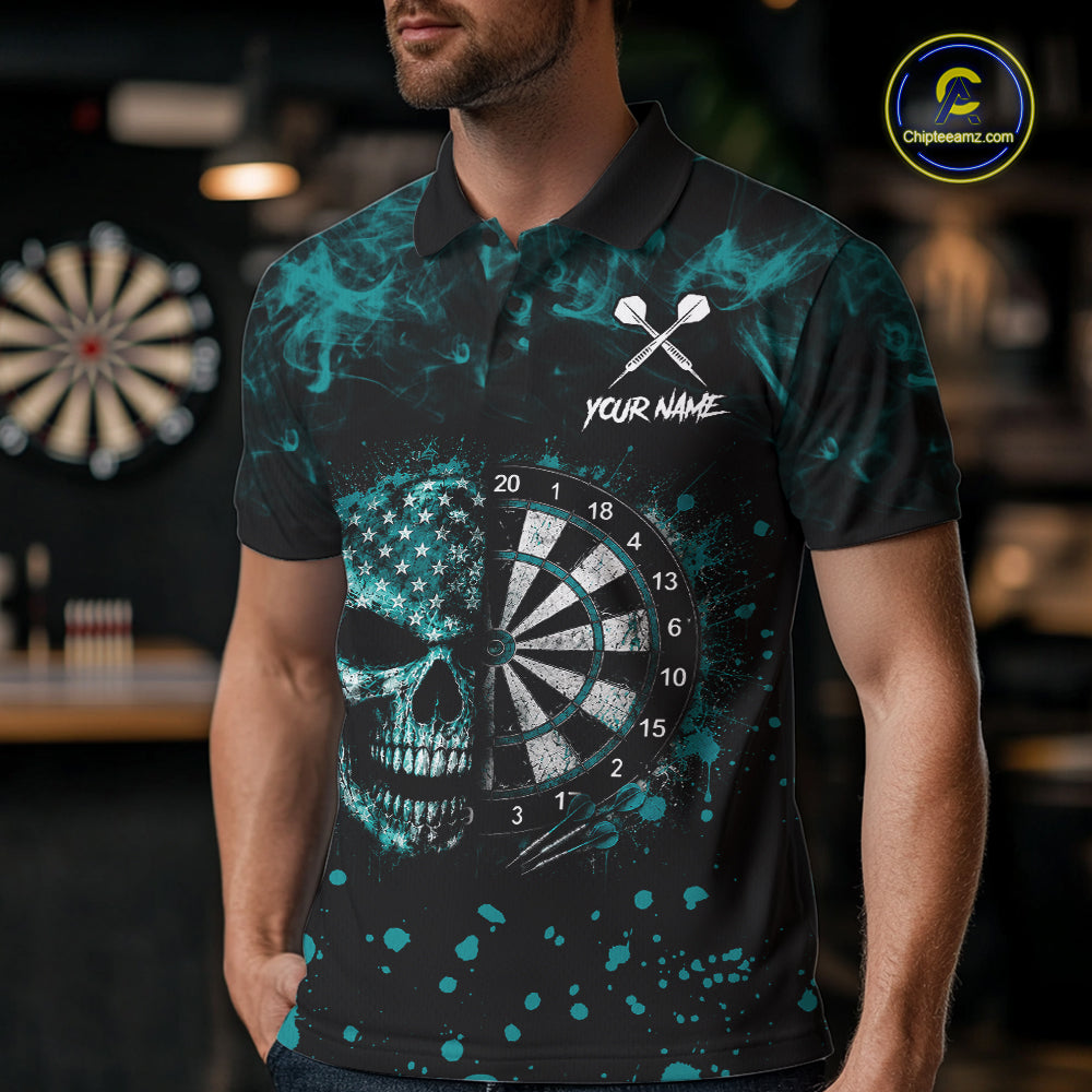 Teal Splatter Skull Darts Polo Quarter Zip Shirt For Men Custom Smoke Skull Dart Team Dart Jersey NYN4097