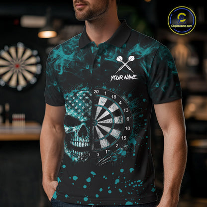 Teal Splatter Skull Darts Polo Quarter Zip Shirt For Men Custom Smoke Skull Dart Team Dart Jersey NYN4097