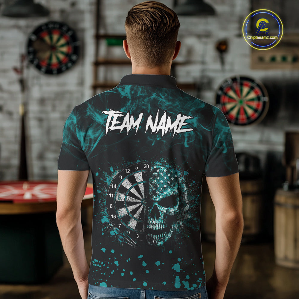 Teal Splatter Skull Darts Polo Quarter Zip Shirt For Men Custom Smoke Skull Dart Team Dart Jersey NYN4097