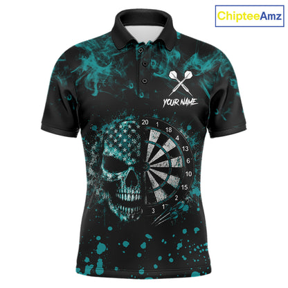 Teal Splatter Skull Darts Polo Quarter Zip Shirt For Men Custom Smoke Skull Dart Team Dart Jersey NYN4097