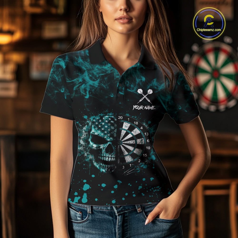 Teal Splatter Skull Darts Polo Quarter Zip Shirt For Women Custom Smoke Skull Dart Team Dart Jersey NYN4097