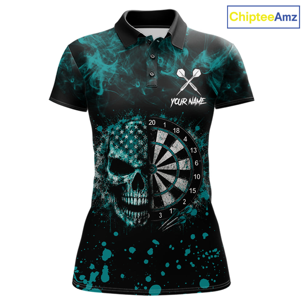 Teal Splatter Skull Darts Polo Quarter Zip Shirt For Women Custom Smoke Skull Dart Team Dart Jersey NYN4097