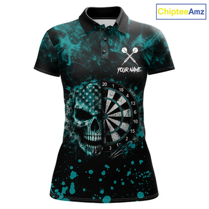 Teal Splatter Skull Darts Polo Quarter Zip Shirt For Women Custom Smoke Skull Dart Team Dart Jersey NYN4097