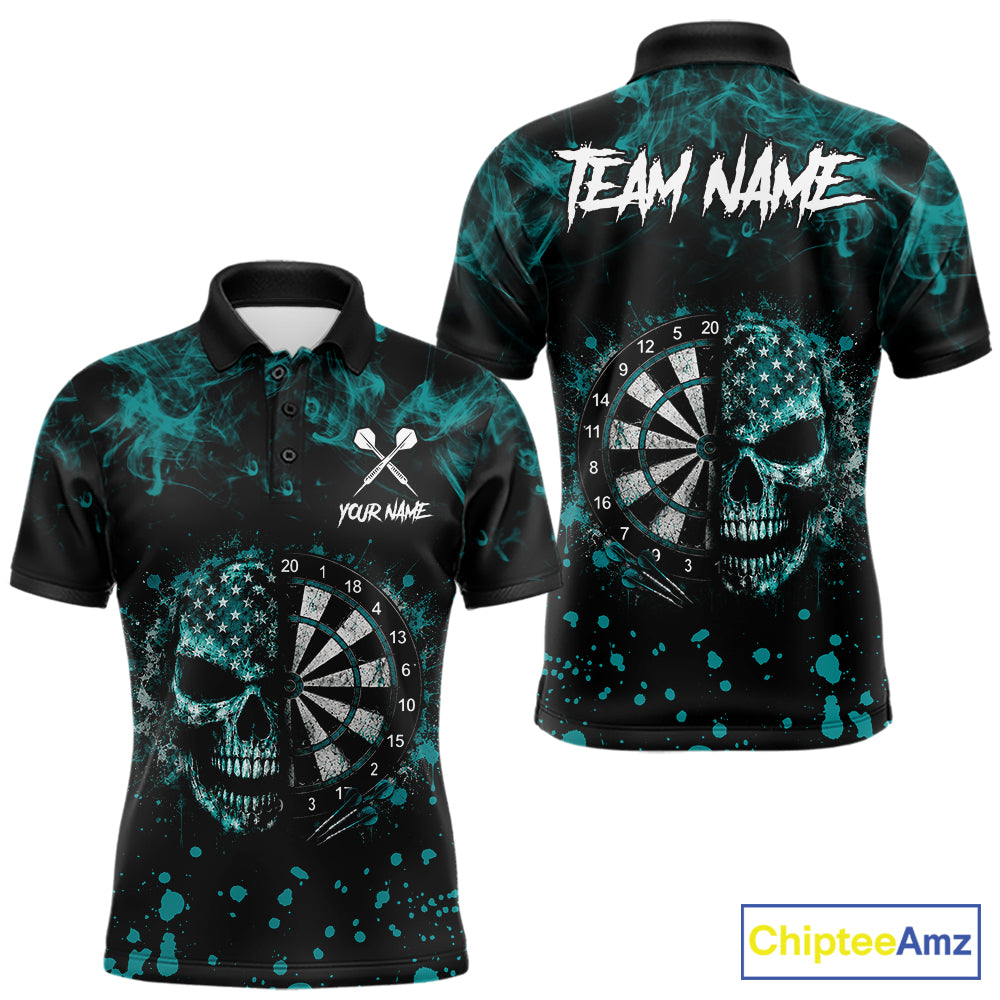 Teal Splatter Skull Darts Polo Quarter Zip Shirt For Men Custom Smoke Skull Dart Team Dart Jersey NYN4097