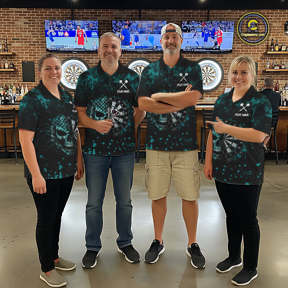 Teal Splatter Skull Darts Polo Quarter Zip Shirt For Men Custom Smoke Skull Dart Team Dart Jersey NYN4097