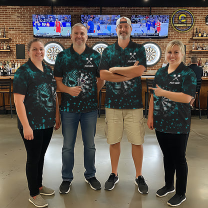 Teal Splatter Skull Darts Polo Quarter Zip Shirt For Men Custom Smoke Skull Dart Team Dart Jersey NYN4097