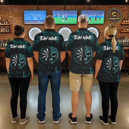 Teal Splatter Skull Darts Polo Quarter Zip Shirt For Men Custom Smoke Skull Dart Team Dart Jersey NYN4097