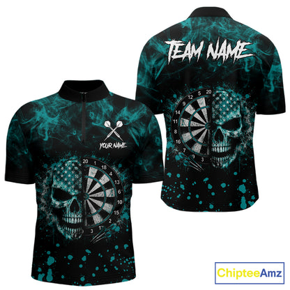 Teal Splatter Skull Darts Polo Quarter Zip Shirt For Men Custom Smoke Skull Dart Team Dart Jersey NYN4097
