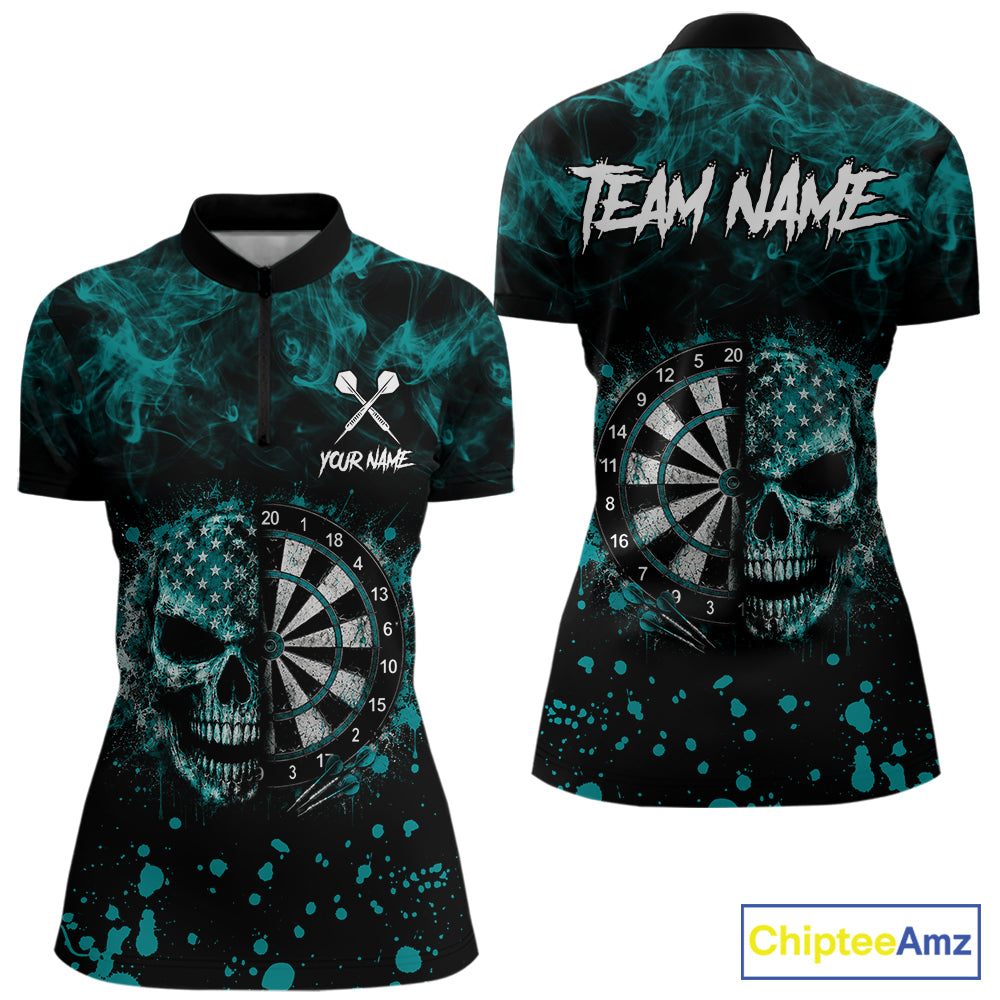 Teal Splatter Skull Darts Polo Quarter Zip Shirt For Women Custom Smoke Skull Dart Team Dart Jersey NYN4097