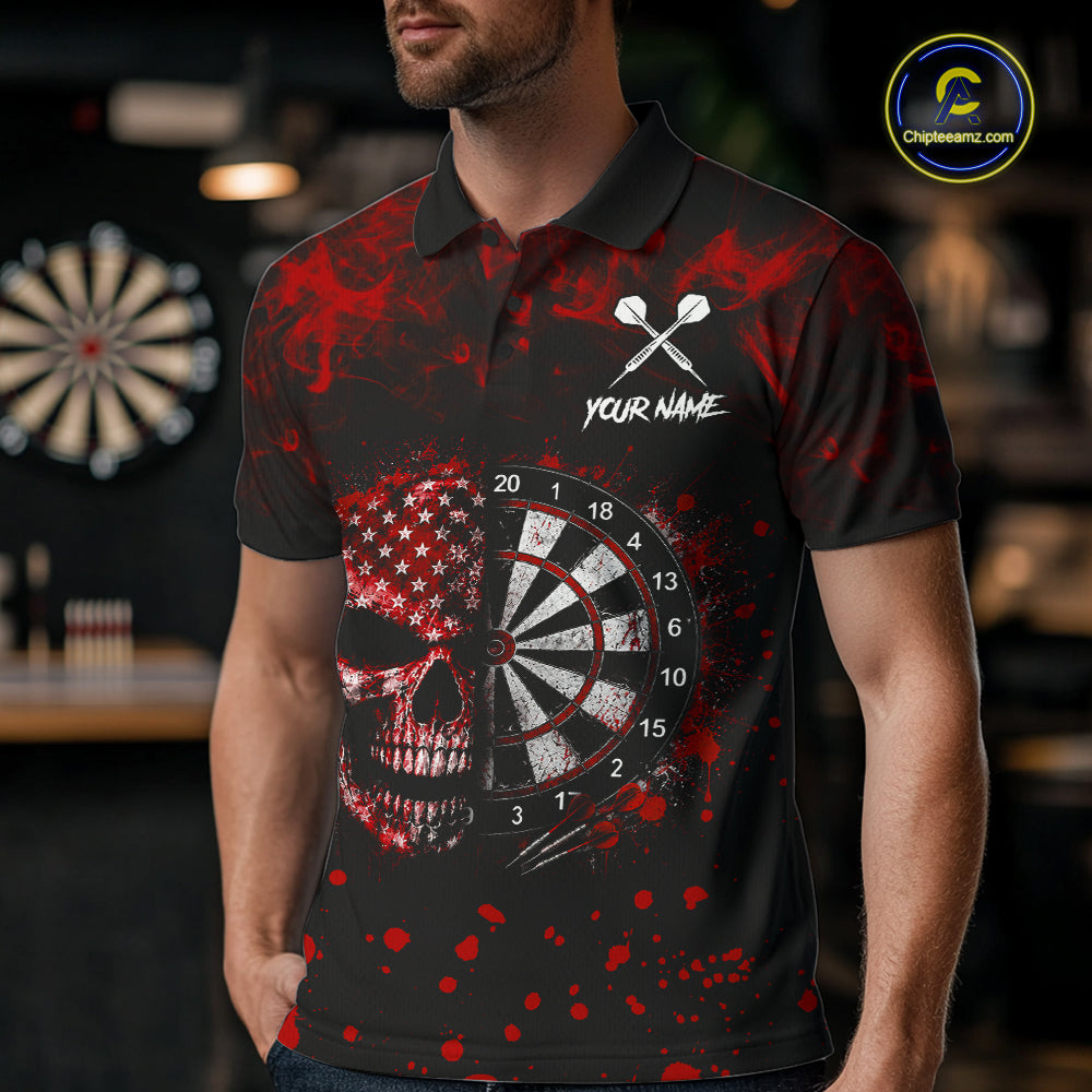 Red Splatter Skull Darts Polo Quarter Zip Shirt For Men Custom Smoke Skull Dart Team Dart Jersey NYN4098