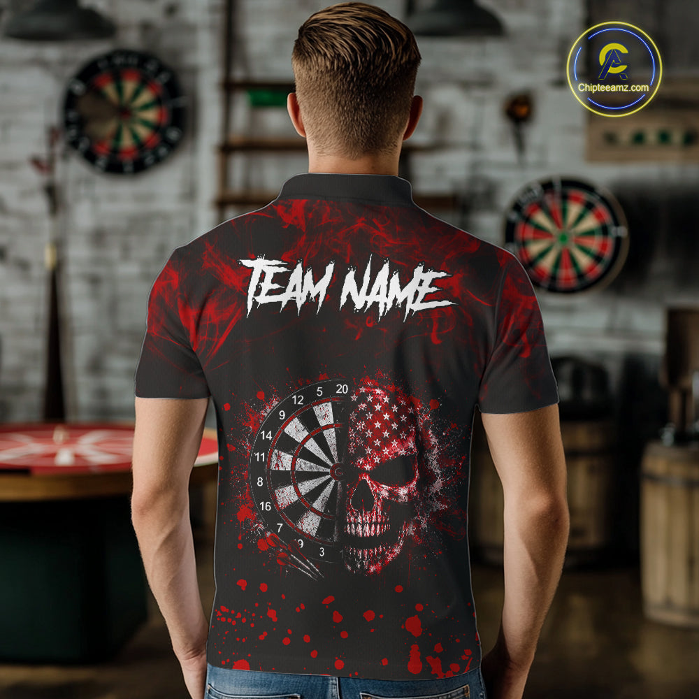 Red Splatter Skull Darts Polo Quarter Zip Shirt For Men Custom Smoke Skull Dart Team Dart Jersey NYN4098