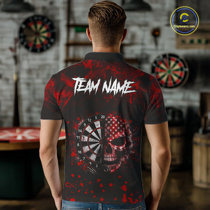 Red Splatter Skull Darts Polo Quarter Zip Shirt For Men Custom Smoke Skull Dart Team Dart Jersey NYN4098