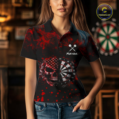 Red Splatter Skull Darts Polo Quarter Zip Shirt For Women Custom Smoke Skull Dart Team Dart Jersey NYN4098