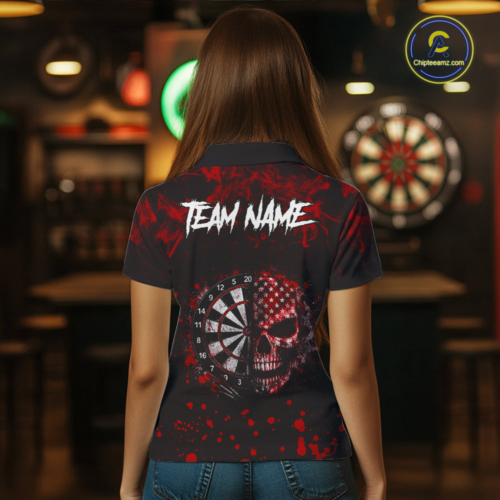 Red Splatter Skull Darts Polo Quarter Zip Shirt For Women Custom Smoke Skull Dart Team Dart Jersey NYN4098