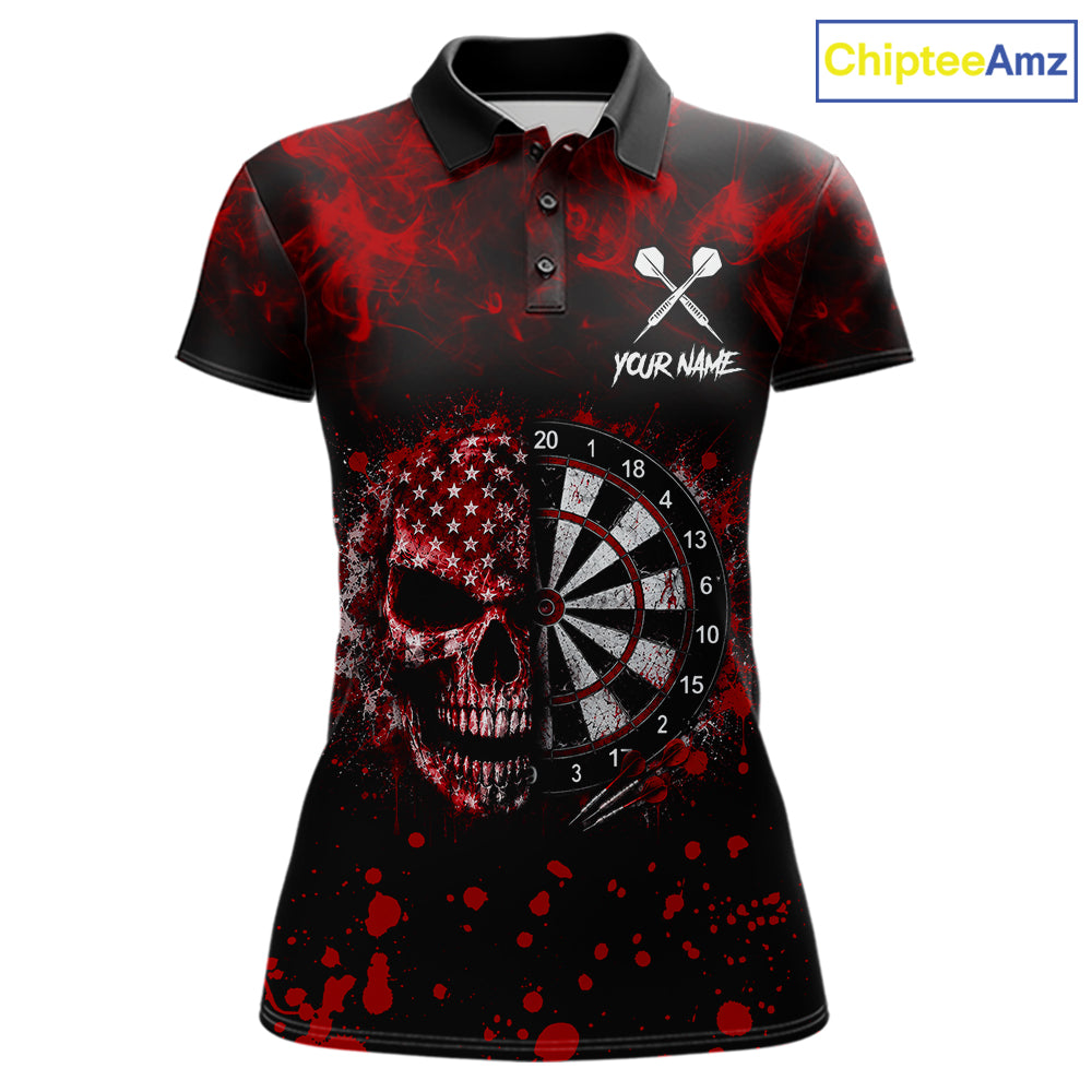Red Splatter Skull Darts Polo Quarter Zip Shirt For Women Custom Smoke Skull Dart Team Dart Jersey NYN4098