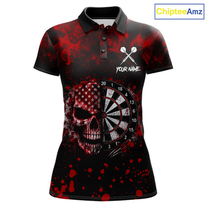 Red Splatter Skull Darts Polo Quarter Zip Shirt For Women Custom Smoke Skull Dart Team Dart Jersey NYN4098
