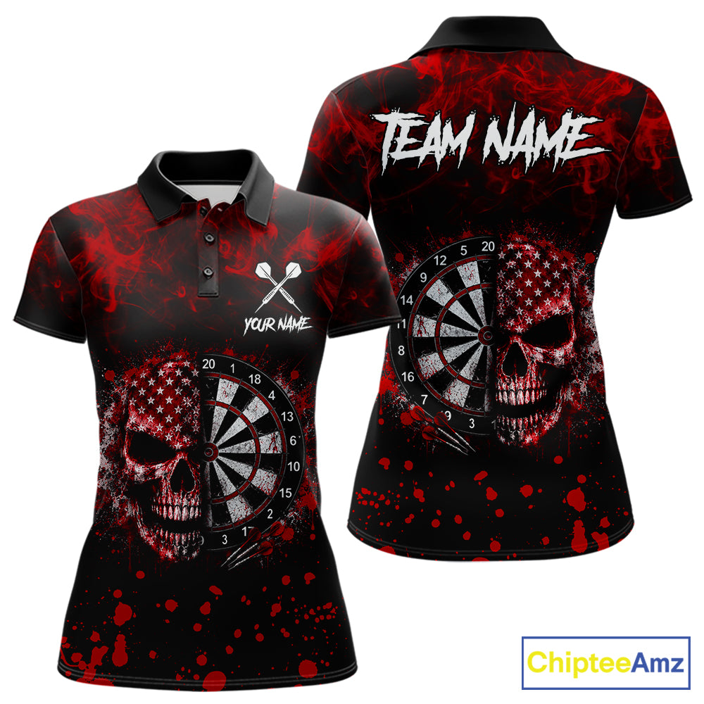 Red Splatter Skull Darts Polo Quarter Zip Shirt For Women Custom Smoke Skull Dart Team Dart Jersey NYN4098
