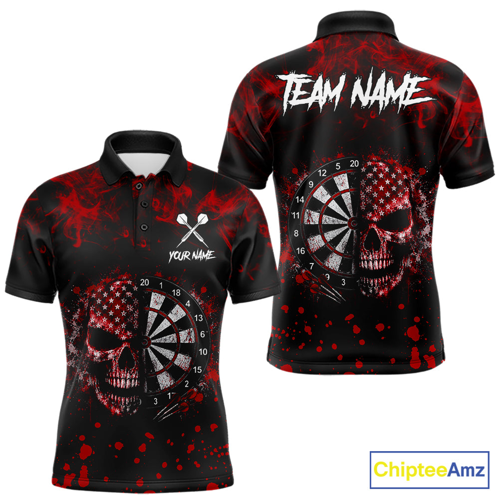 Red Splatter Skull Darts Polo Quarter Zip Shirt For Men Custom Smoke Skull Dart Team Dart Jersey NYN4098