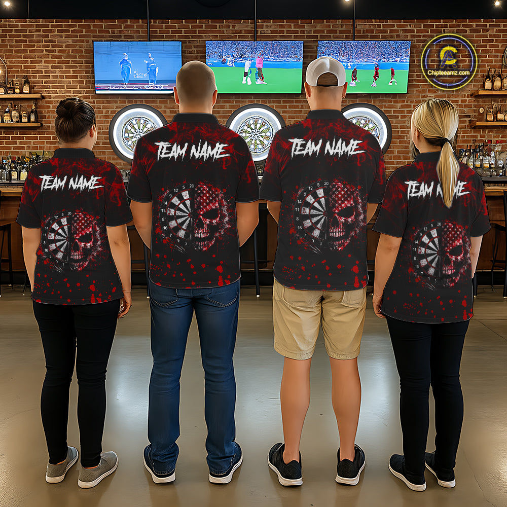 Red Splatter Skull Darts Polo Quarter Zip Shirt For Men Custom Smoke Skull Dart Team Dart Jersey NYN4098