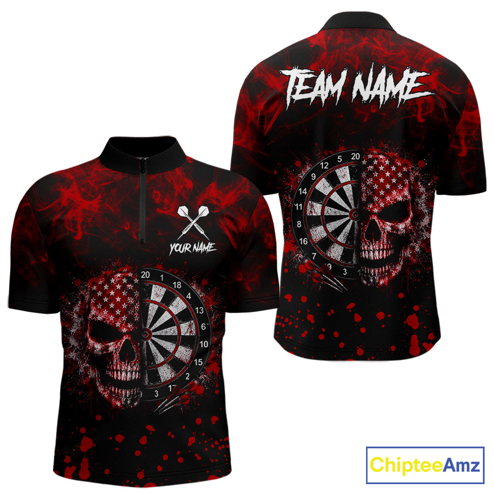 Red Splatter Skull Darts Polo Quarter Zip Shirt For Men Custom Smoke Skull Dart Team Dart Jersey NYN4098