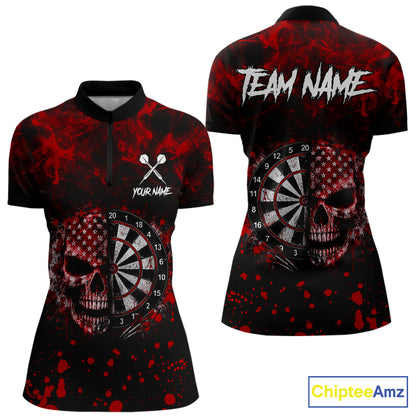 Red Splatter Skull Darts Polo Quarter Zip Shirt For Women Custom Smoke Skull Dart Team Dart Jersey NYN4098