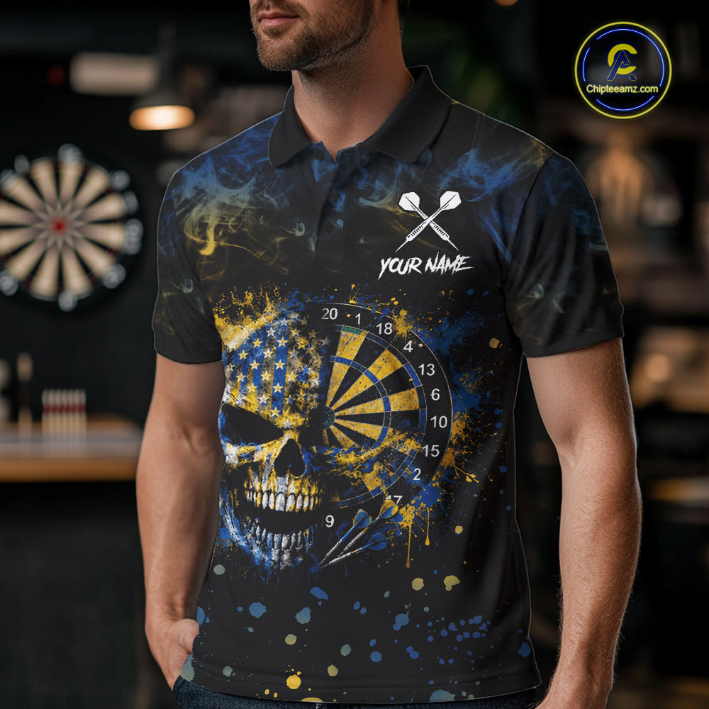 Blue & Yellow Splatter Skull Darts Polo Quarter Zip Shirt For Men Custom Smoke Skull Dart Team Jersey NYN4099