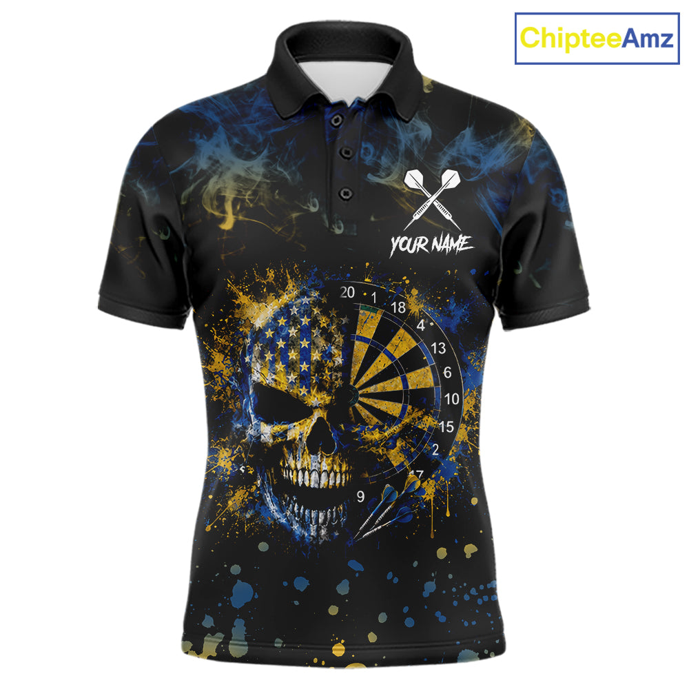 Blue & Yellow Splatter Skull Darts Polo Quarter Zip Shirt For Men Custom Smoke Skull Dart Team Jersey NYN4099