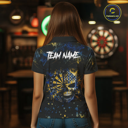 Blue & Yellow Splatter Skull Darts Polo Quarter Zip Shirt For Women Custom Smoke Skull Dart Team Jersey NYN4099