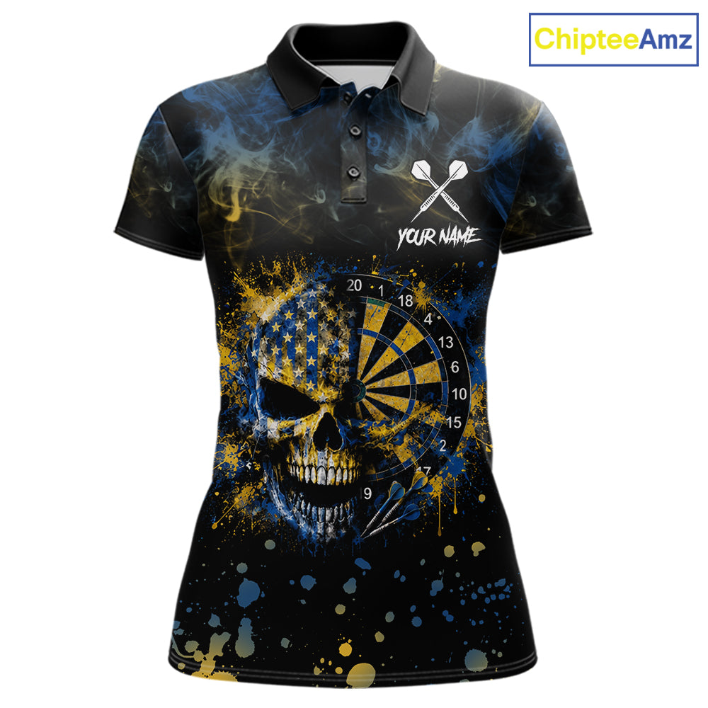 Blue & Yellow Splatter Skull Darts Polo Quarter Zip Shirt For Women Custom Smoke Skull Dart Team Jersey NYN4099