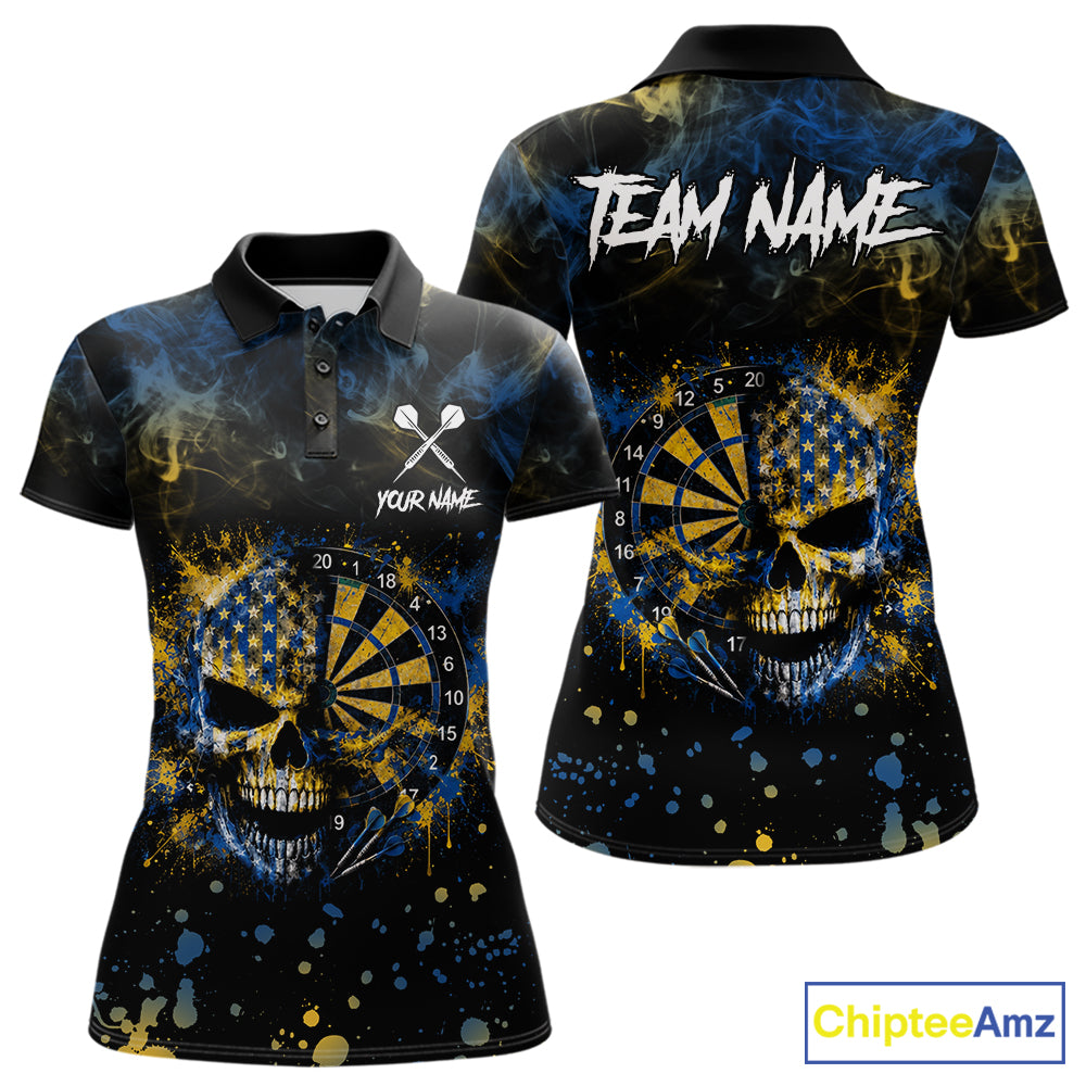 Blue & Yellow Splatter Skull Darts Polo Quarter Zip Shirt For Women Custom Smoke Skull Dart Team Jersey NYN4099