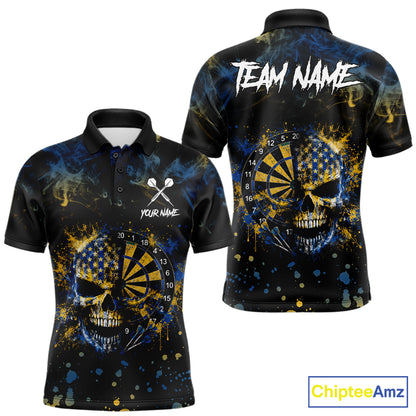 Blue & Yellow Splatter Skull Darts Polo Quarter Zip Shirt For Men Custom Smoke Skull Dart Team Jersey NYN4099