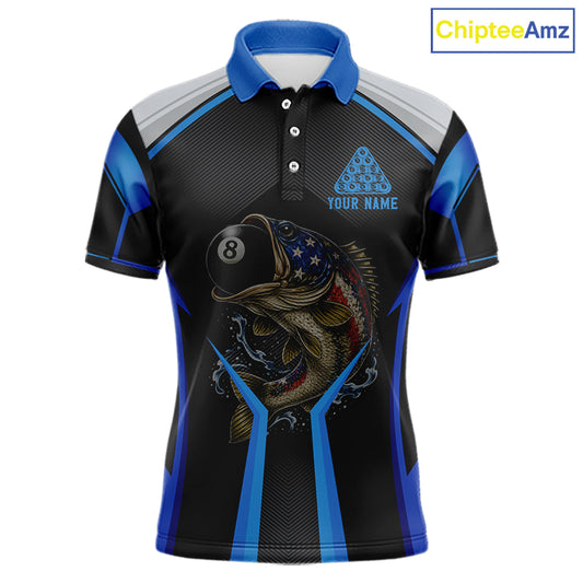 Funny Bass Hold Pool 8 Ball Men's Billiard Team Shirt Custom Billiard Polo & 1/4-Zip Attire|Blue NYN2500