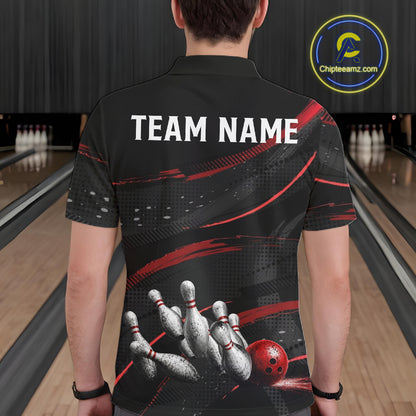 Black And Red Grunge Bowling Ball & Pins Jersey For Men Personalized Team Bowling Shirts NYN3227