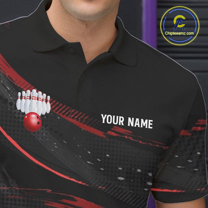 Black And Red Grunge Bowling Ball & Pins Jersey For Men Personalized Team Bowling Shirts NYN3227