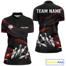 Load image into Gallery viewer, Black And Red Grunge Bowling Ball &amp; Pins Jersey For Women Personalized Team Bowling Shirts NYN3227