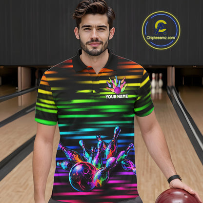 Colorful Splatter Paint Bowling Shirt For Men Custom Rainbow Strike Lightning Team Bowling Attire NYN3229