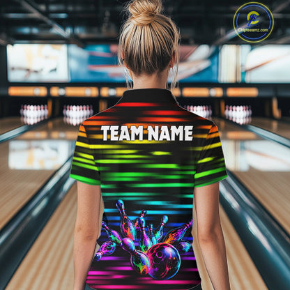 Colorful Splatter Paint Bowling Shirt For Women Custom Rainbow Strike Lightning Team Bowling Attire NYN3229