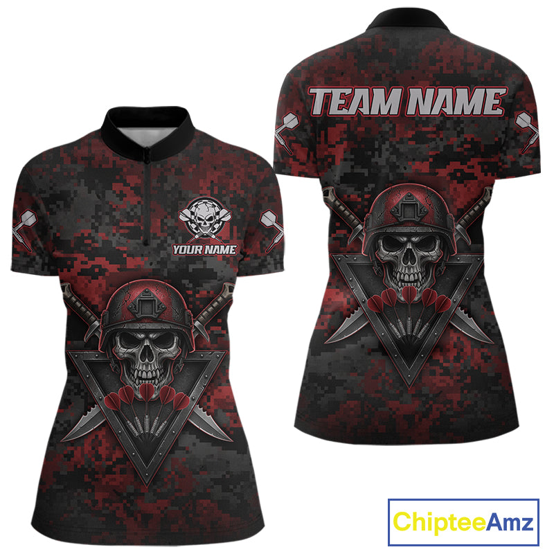 Skull Warrior Red Digital Camo Custom Funny Darts Quarter-Zip Shirt For Women Dart Jerseys NYN1951