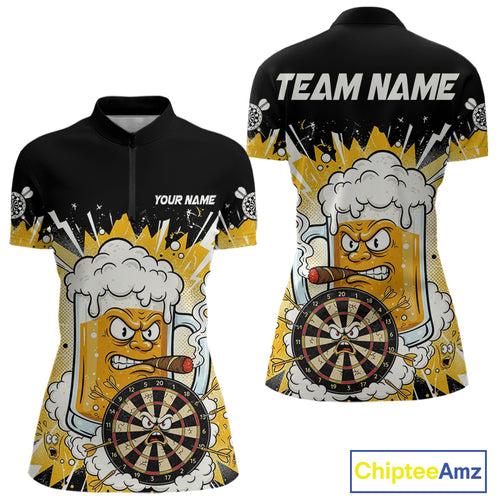 Beer Mascot Smoking Dartboard Custom Women Darts Quarter-Zip Shirt Funny Funny Dart Jerseys NYN1957