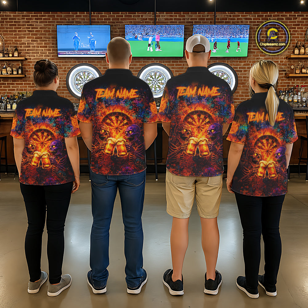 Funny Skeleton Cheer Beer Flame Men Darts Quarter-Zip Shirt Custom Graffiti Dart Team Jerseys NYN2513