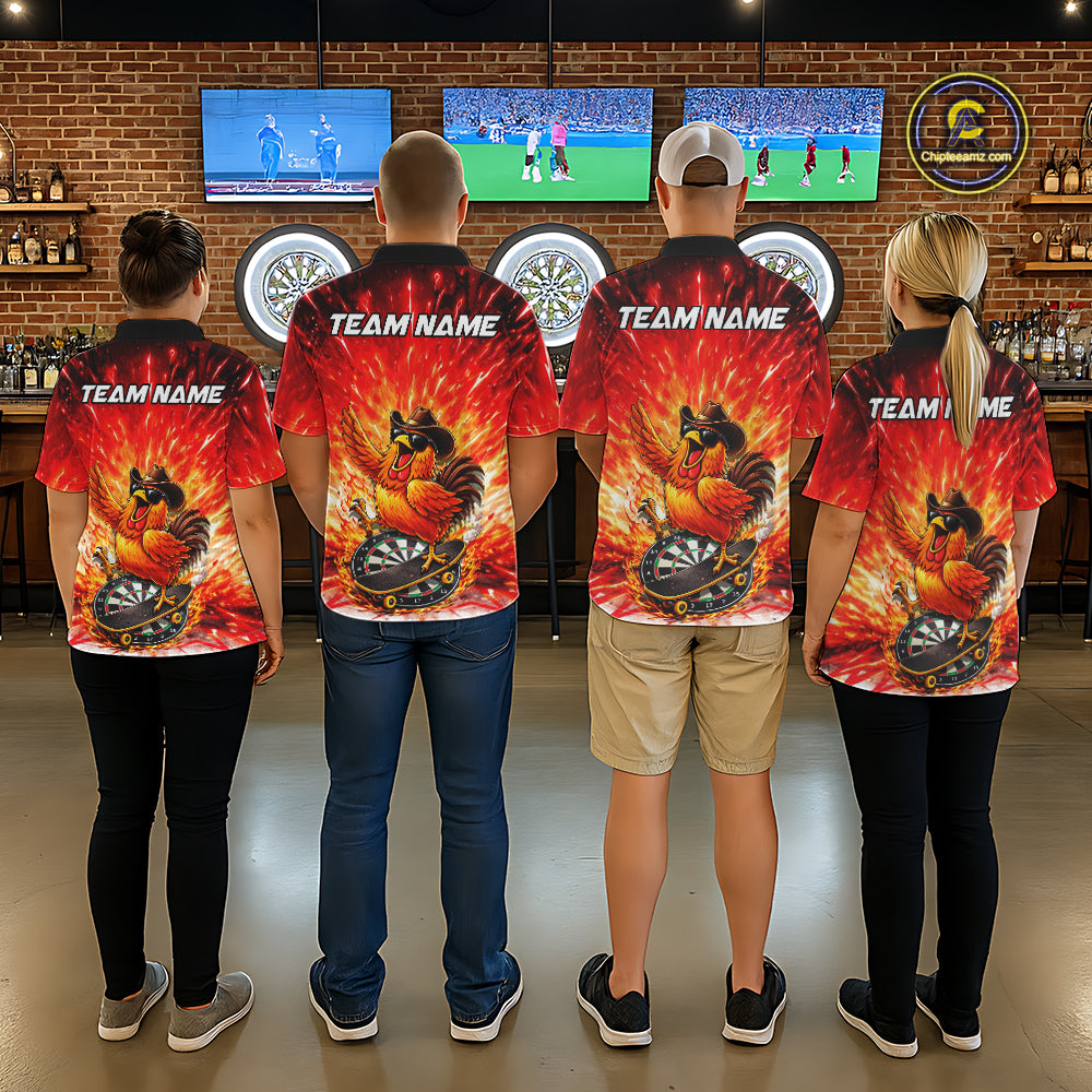 Womens Darts Funny Rooster Red Flames Polo Shirt Custom Name Polo Quarter Zip Shirt Gift For Darters NYN2857