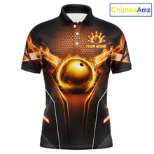 Load image into Gallery viewer, Custom Fire Flame Bowling Jerseys For Men, Personalized Bowling Pin &amp; Ball Team Shirts | Yellow NYN3069