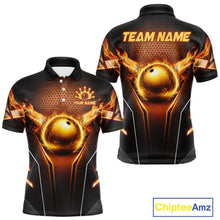 Load image into Gallery viewer, Custom Fire Flame Bowling Jerseys For Men, Personalized Bowling Pin &amp; Ball Team Shirts | Yellow NYN3069