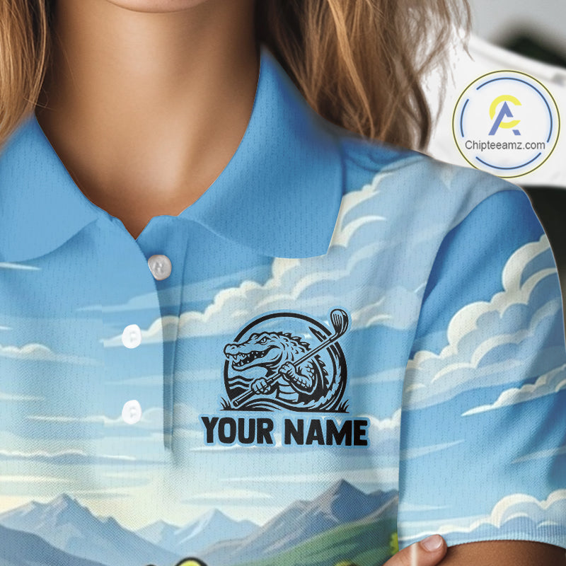 Funny Crocodile Golf Course Golf Polo Shirts For Women Personalized Team Name Golf Attire NYN3250