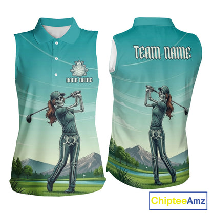 Funny Skeleton Golf Course Golf Sleeveless Polo Shirts For Women Personalized Team Name Golf Clothes NYN3252