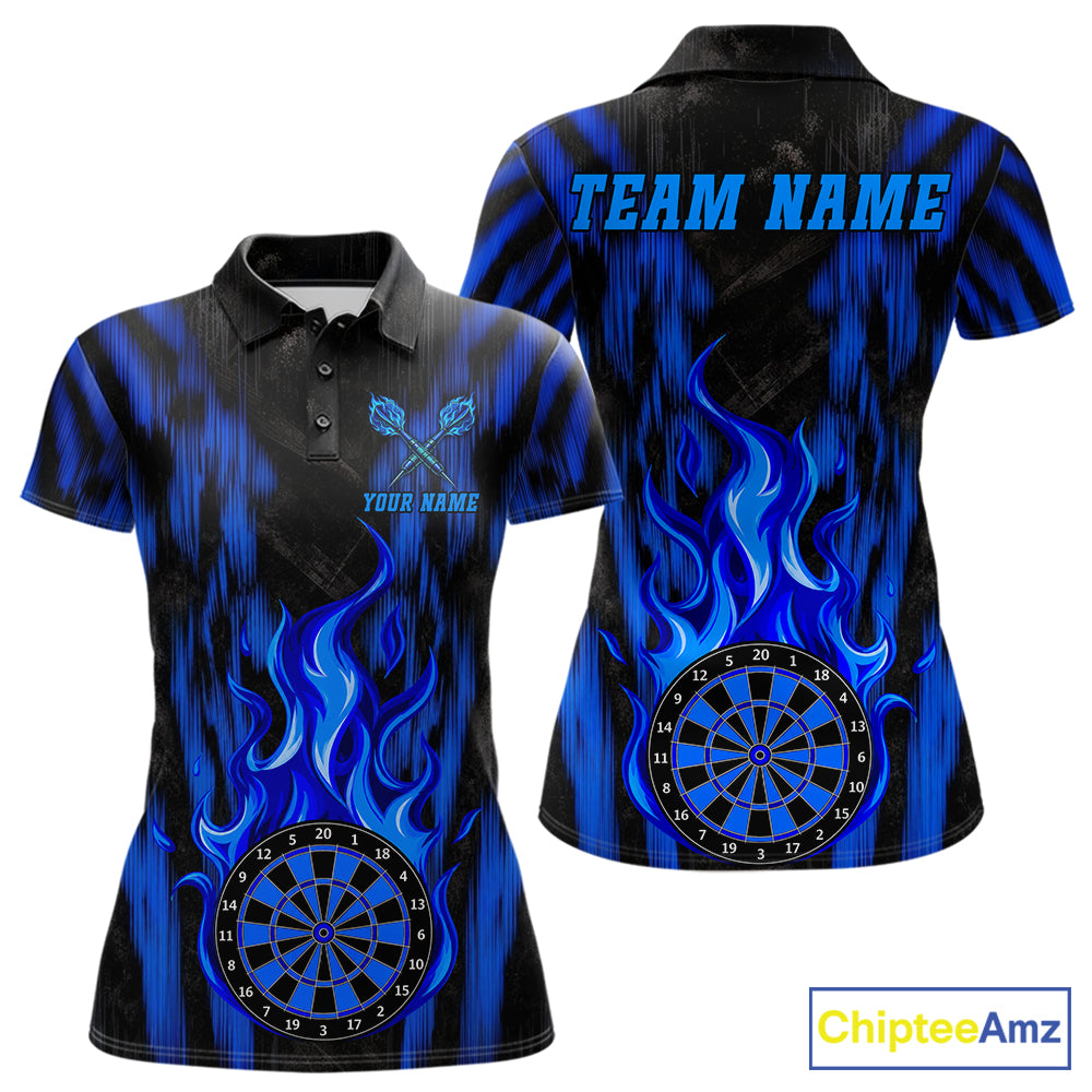 Grunge Black And Blue Flaming Dartboard Women Darts Shirt Personalized Team Darts Jersey NYN3247