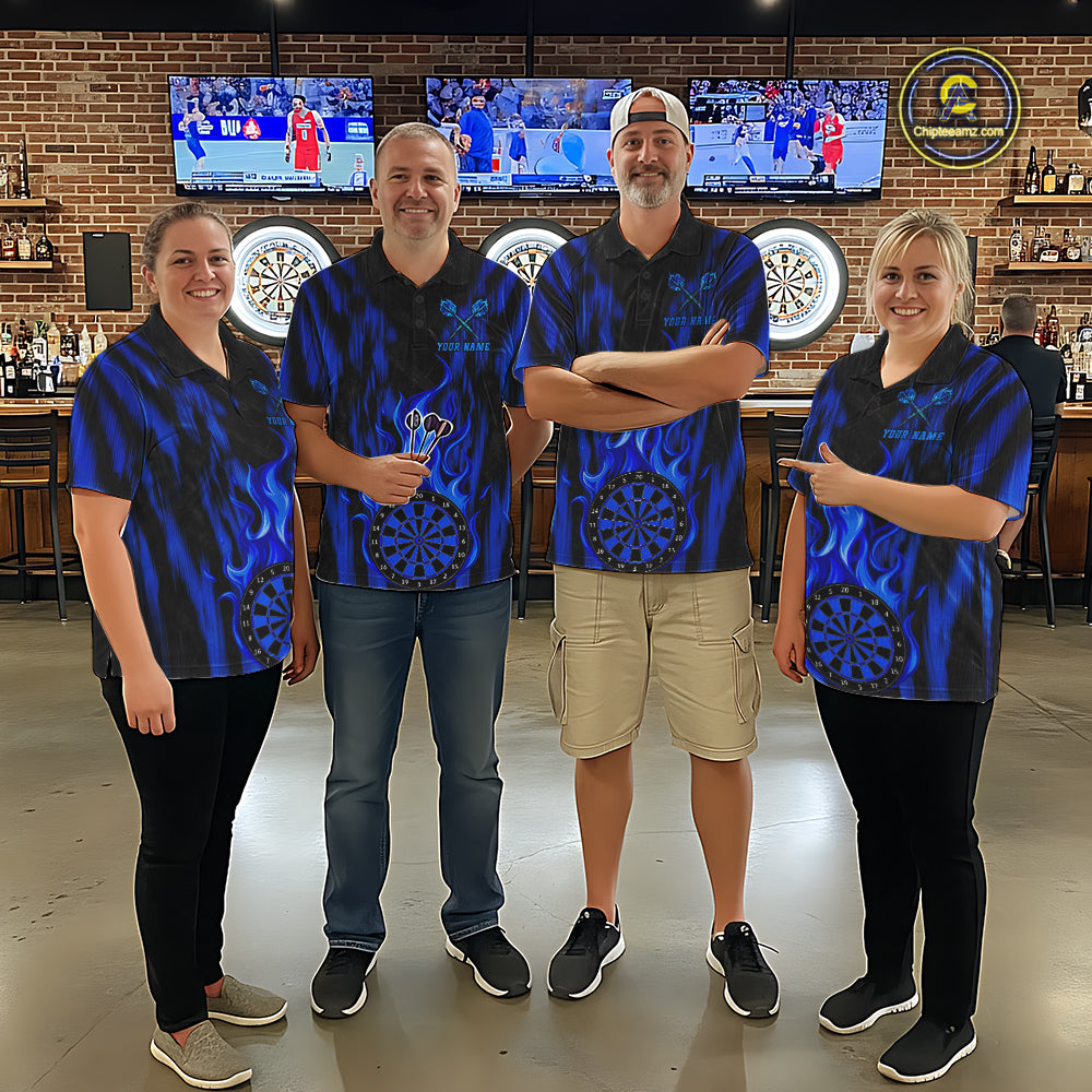 Grunge Black And Blue Flaming Dartboard Mens Darts Shirt Personalized Team Darts Jersey NYN3247