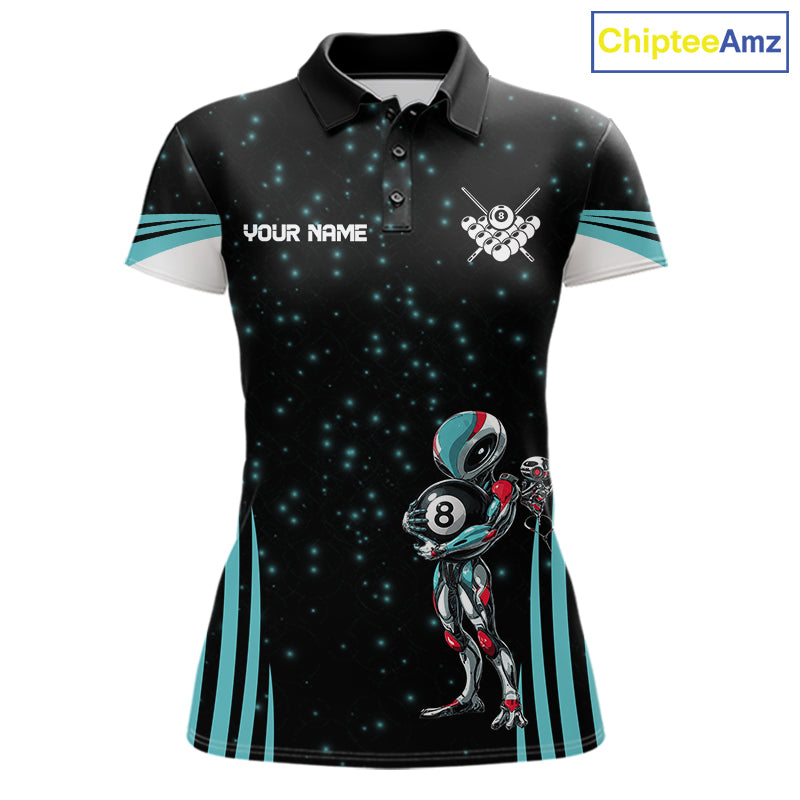 Funny Alien 8 Ball women's billiard polo shirt custom turquoise galaxy pool jersey, personalized billiards team uniform, 8 ball pool shirt, custom cue sports apparel