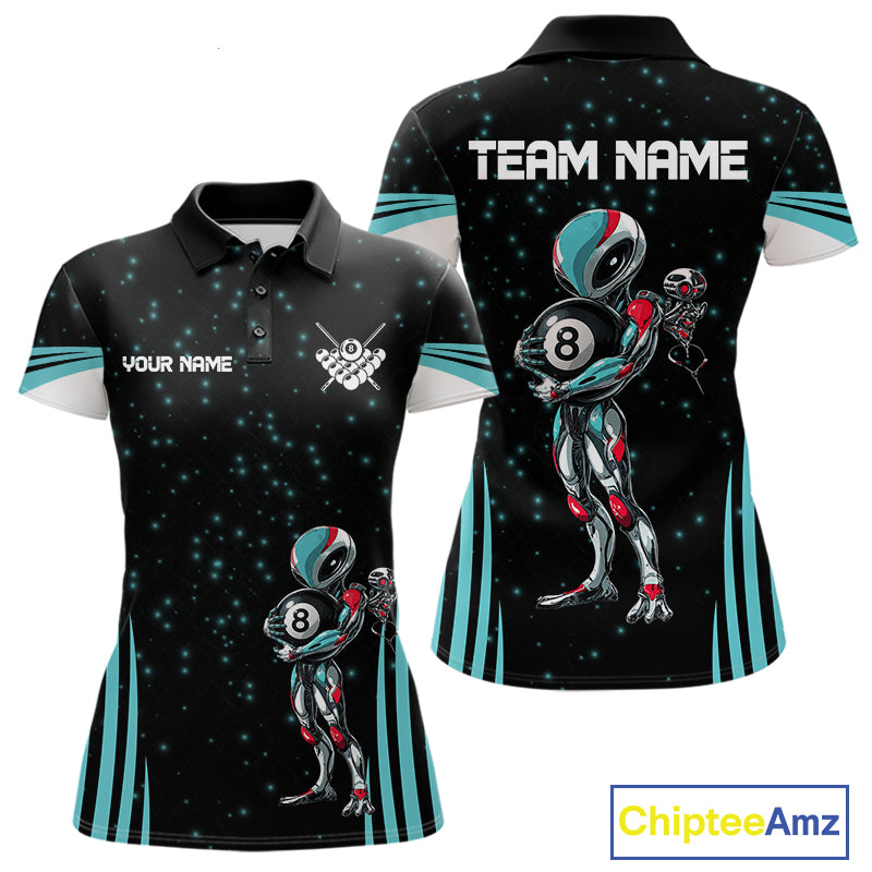 Funny Alien 8 Ball women's billiard polo shirt custom turquoise galaxy pool jersey, personalized billiards team uniform, 8 ball pool shirt, custom cue sports apparel